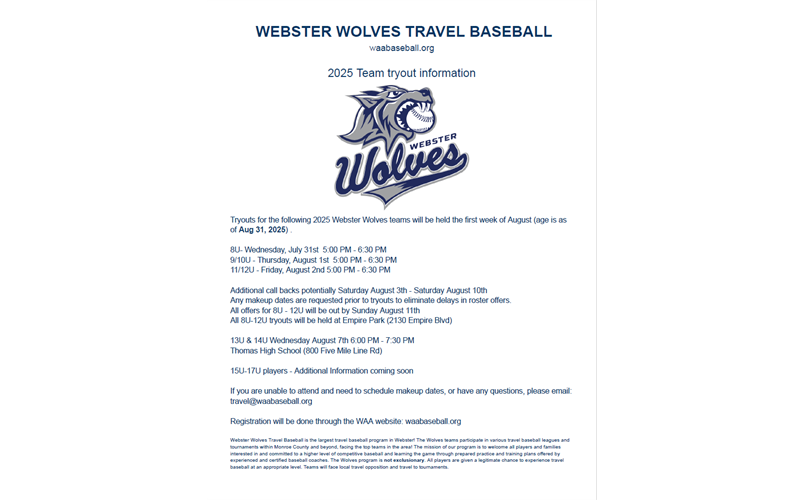 2025 Webster Wolves 8U-12U Evaluations/Tryouts