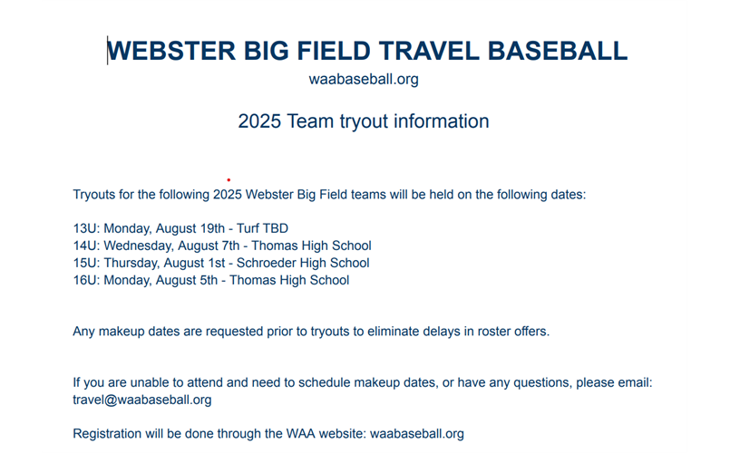 2025 Webster Big Field Travel Baseball Tryouts